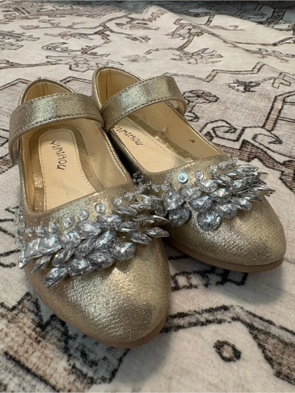 Girls' Gold Jeweled Mary Jane Dress Flats